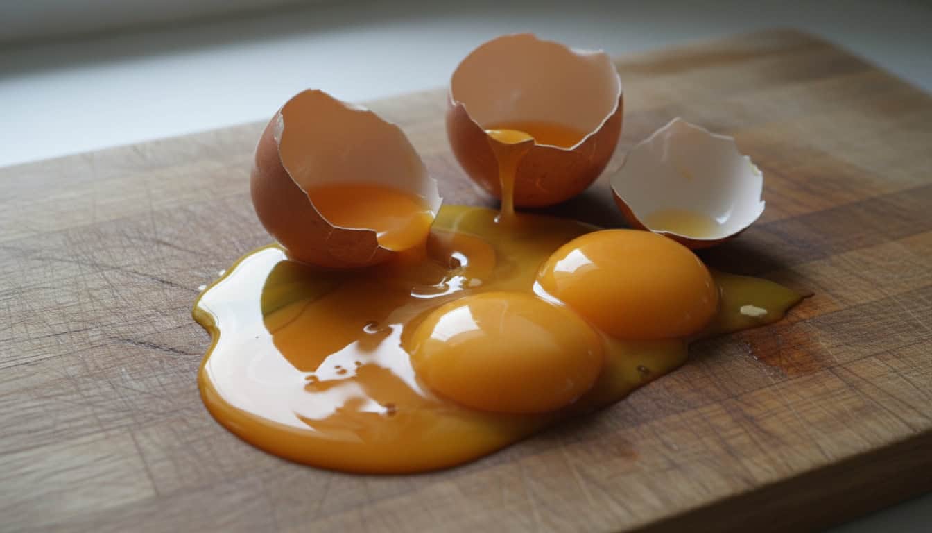 Cracked eggs on a wooden surface.