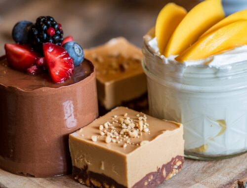 Rich chocolate mousse topped with fresh berries and fruit slices on a wooden surface.