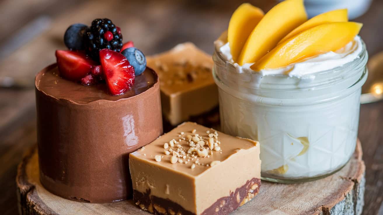 Rich chocolate mousse topped with fresh berries and fruit slices on a wooden surface.