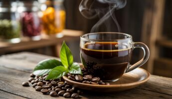 Rich dark coffee in a glass cup with steam rising, accompanied by fresh coffee beans and green leaves on a rustic wooden table in a cozy cafe setting.
