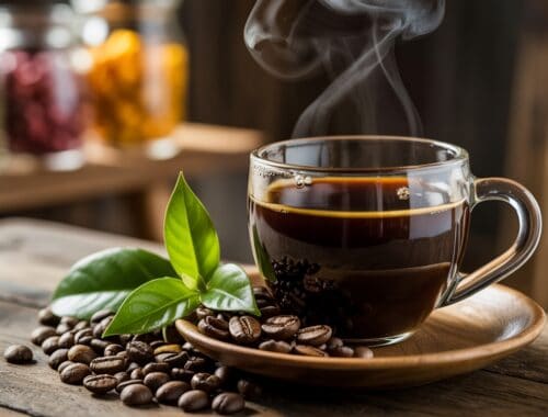 Rich dark coffee in a glass cup with steam rising, accompanied by fresh coffee beans and green leaves on a rustic wooden table in a cozy cafe setting.