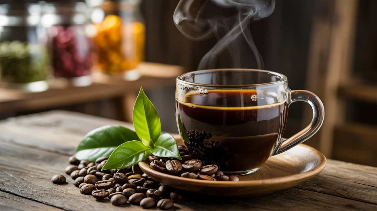 Rich dark coffee in a glass cup with steam rising, accompanied by fresh coffee beans and green leaves on a rustic wooden table in a cozy cafe setting.
