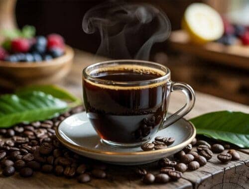 Rich black coffee in a glass cup on a saucer, surrounded by coffee beans and green leaves, with fresh berries and lemon in the background on a rustic wooden table.