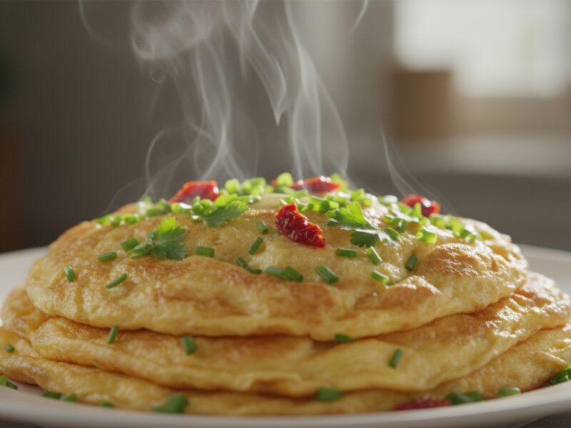 Steaming omelet topped with herbs