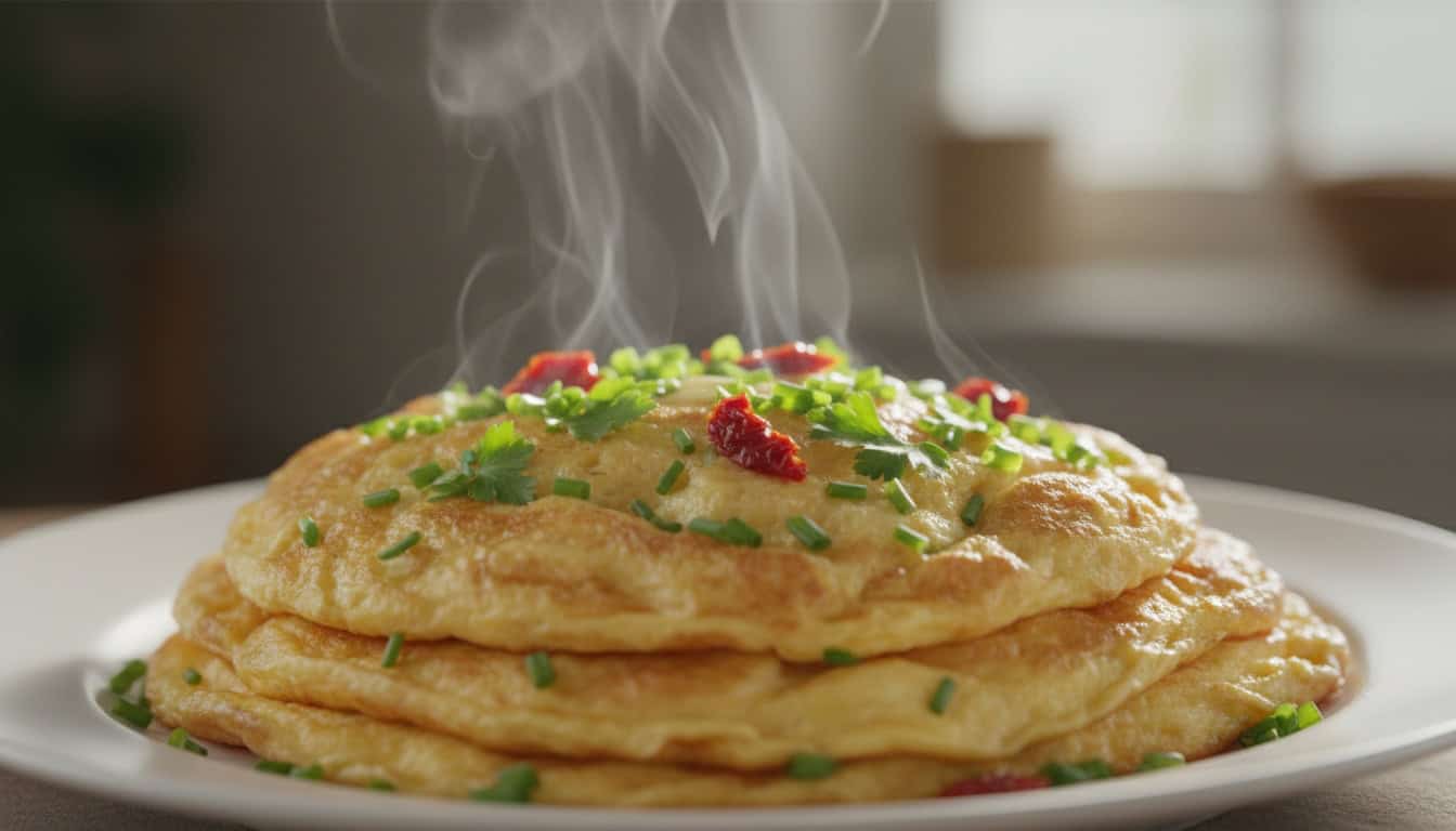 Steaming omelet topped with herbs