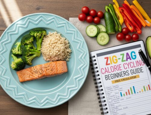 Fresh healthy meal featuring salmon, broccoli, cucumber, cherry tomatoes, bell peppers, and avocado, alongside a calorie cycling guide for beginners.