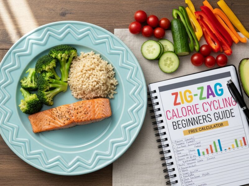 Fresh healthy meal featuring salmon, broccoli, cucumber, cherry tomatoes, bell peppers, and avocado, alongside a calorie cycling guide for beginners.