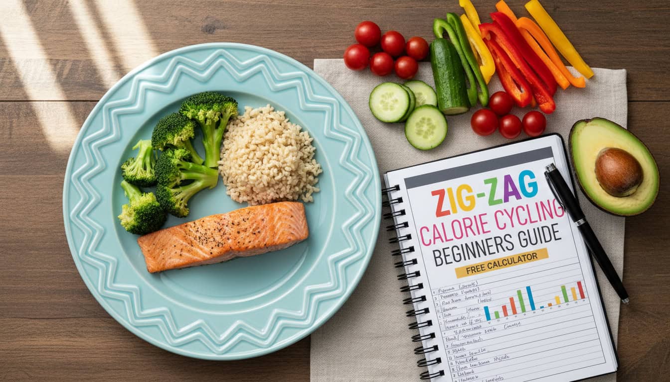 Fresh healthy meal featuring salmon, broccoli, cucumber, cherry tomatoes, bell peppers, and avocado, alongside a calorie cycling guide for beginners.