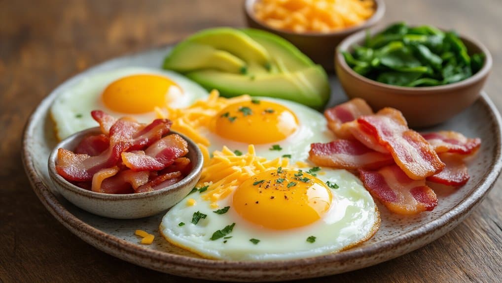 A nutritious breakfast featuring sunny side up eggs, crispy bacon, fresh avocado slices, chopped spinach, and a side of crispy bacon for a balanced morning meal.