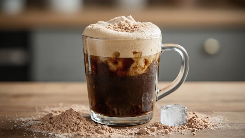 Rich espresso topped with frothy coffee foam in a clear glass mug, surrounded by cocoa powder and ice, serving as a delicious coffee beverage option.
