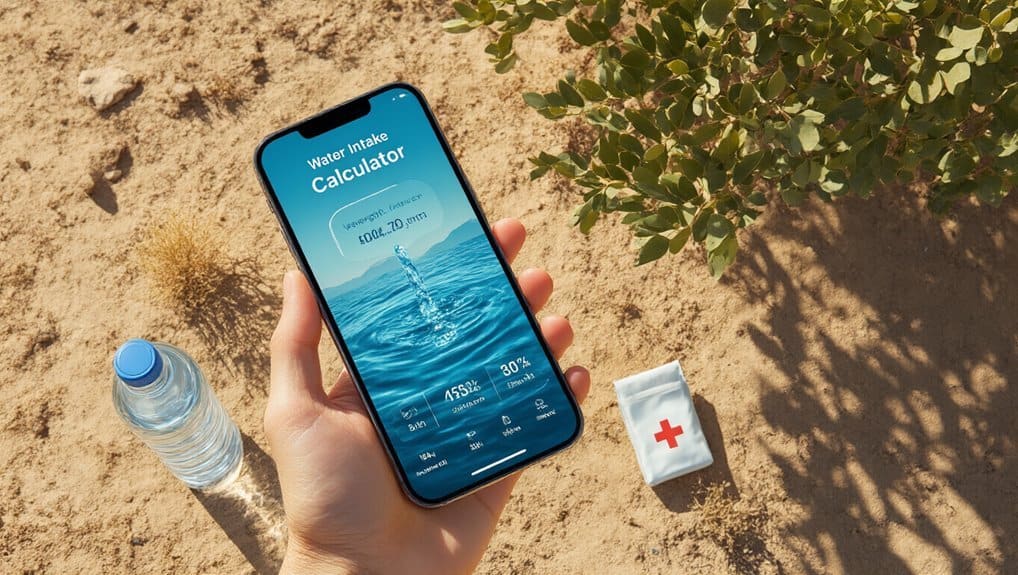 Water intake calculator app on smartphone showing hydration stats in outdoor setting with water bottle and first aid kit nearby.