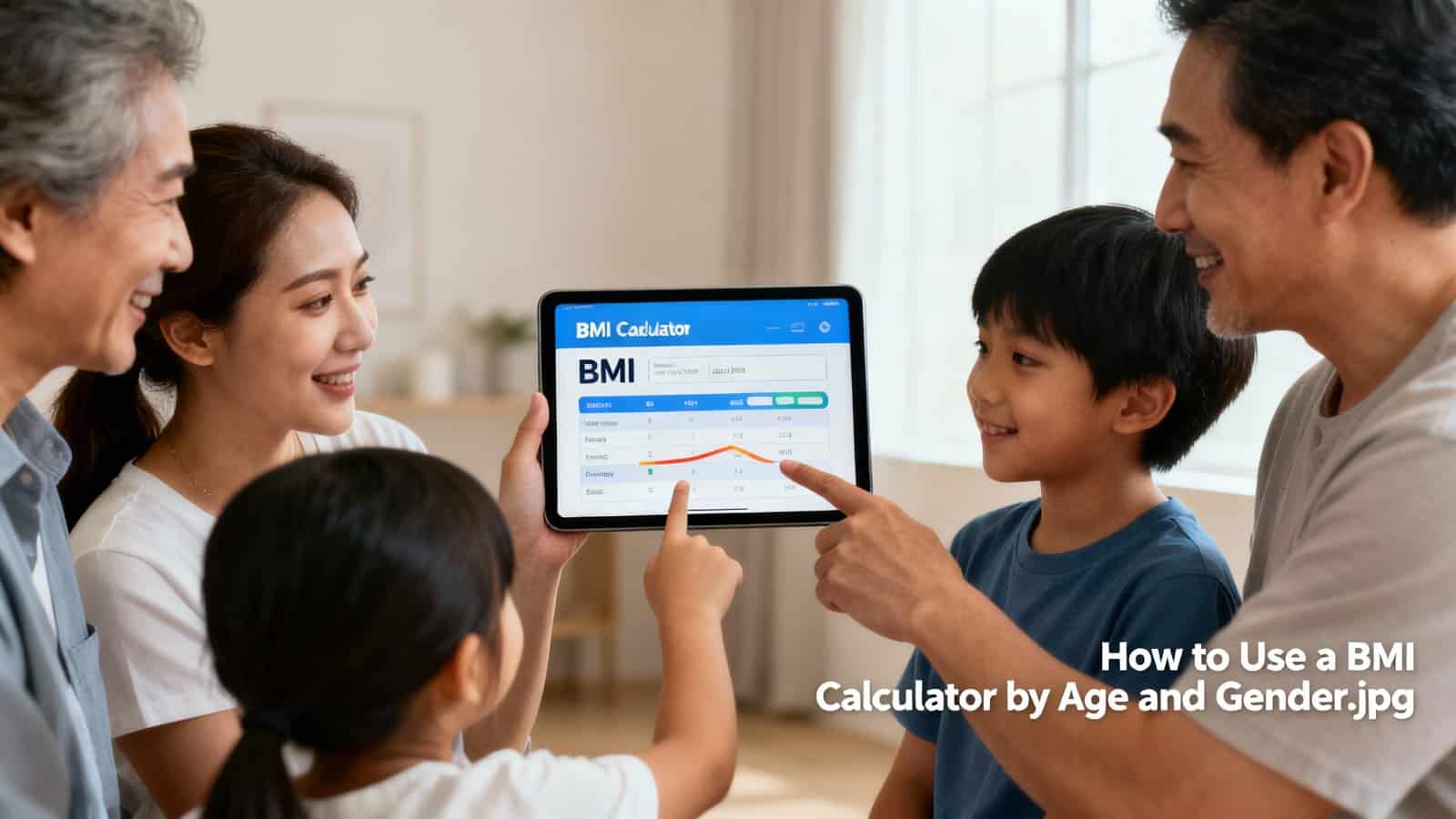 Accurate BMI calculator displayed on a tablet showing BMI trends with family members, emphasizing health and fitness awareness for all ages.