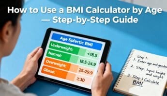 BMI calculator on a tablet showing age-specific BMI categories, person holding tablet, blue background.