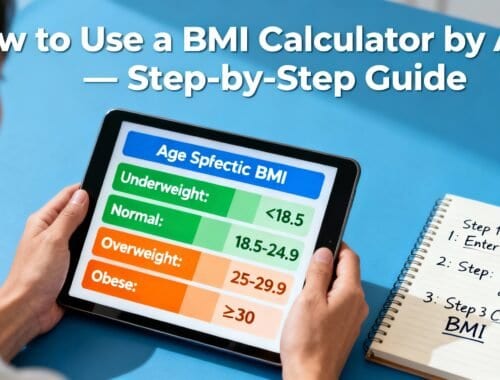 BMI calculator on a tablet showing age-specific BMI categories, person holding tablet, blue background.