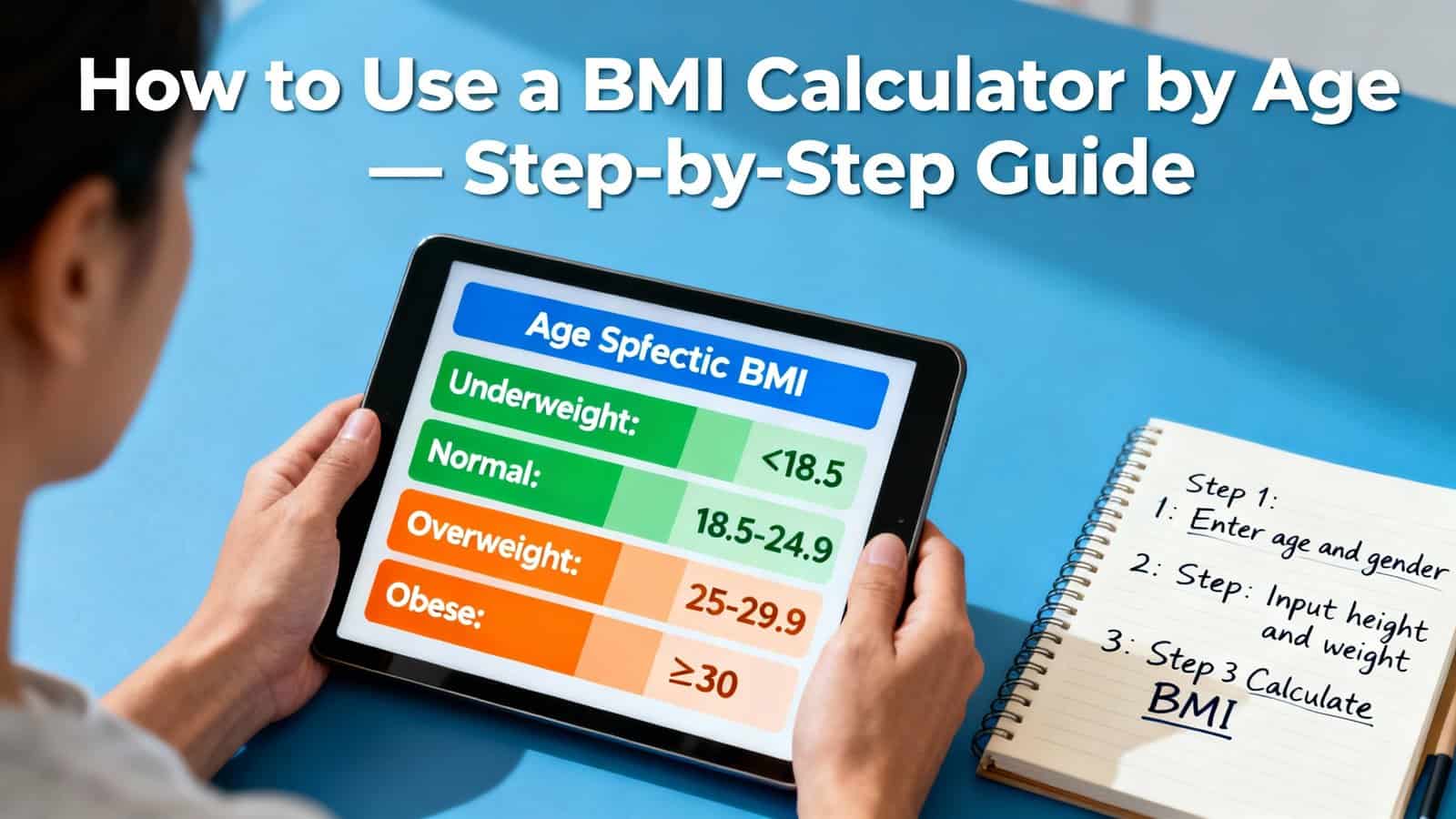 BMI calculator on a tablet showing age-specific BMI categories, person holding tablet, blue background.