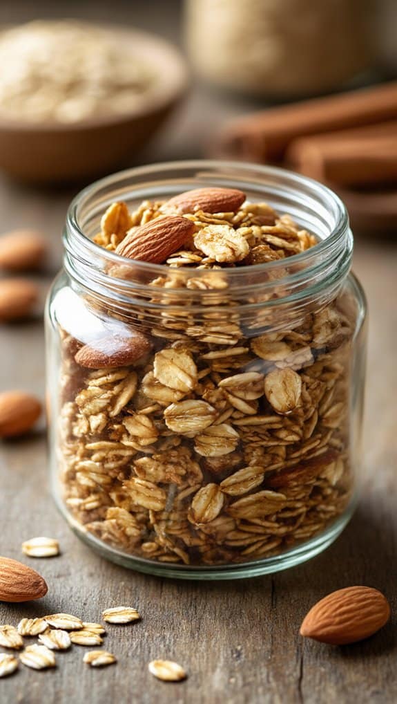 Crunchy homemade granola with almonds in glass jar, healthy breakfast or snack option.