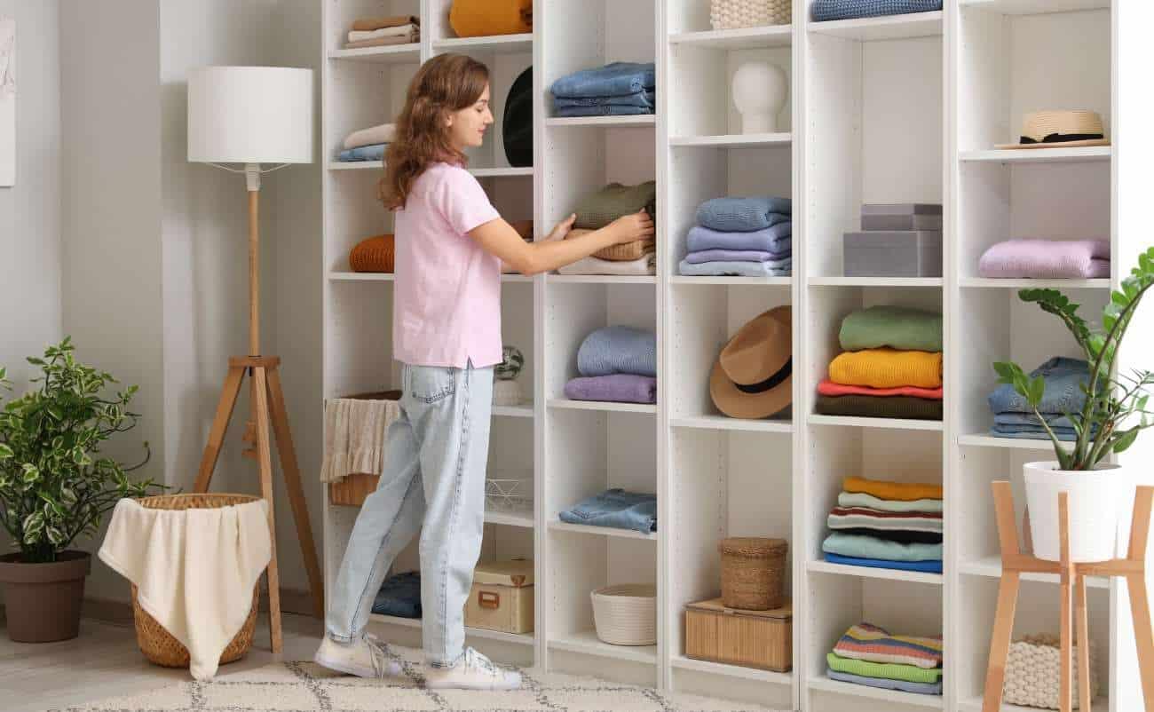 Clothing organization closet, neatly folded towels and clothes on white shelves, woman arranging laundry, home decluttering, interior design for tidy living spaces.