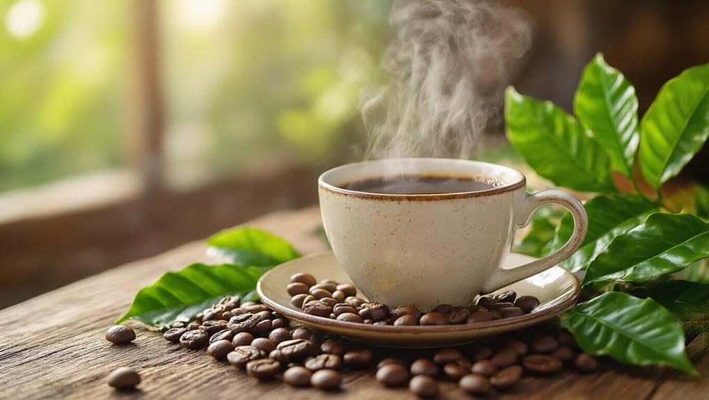 Rich, hot coffee in a ceramic cup with steam rising, surrounded by coffee beans and green leaves on a rustic wooden surface, bright natural light, cozy and inviting atmosphere.