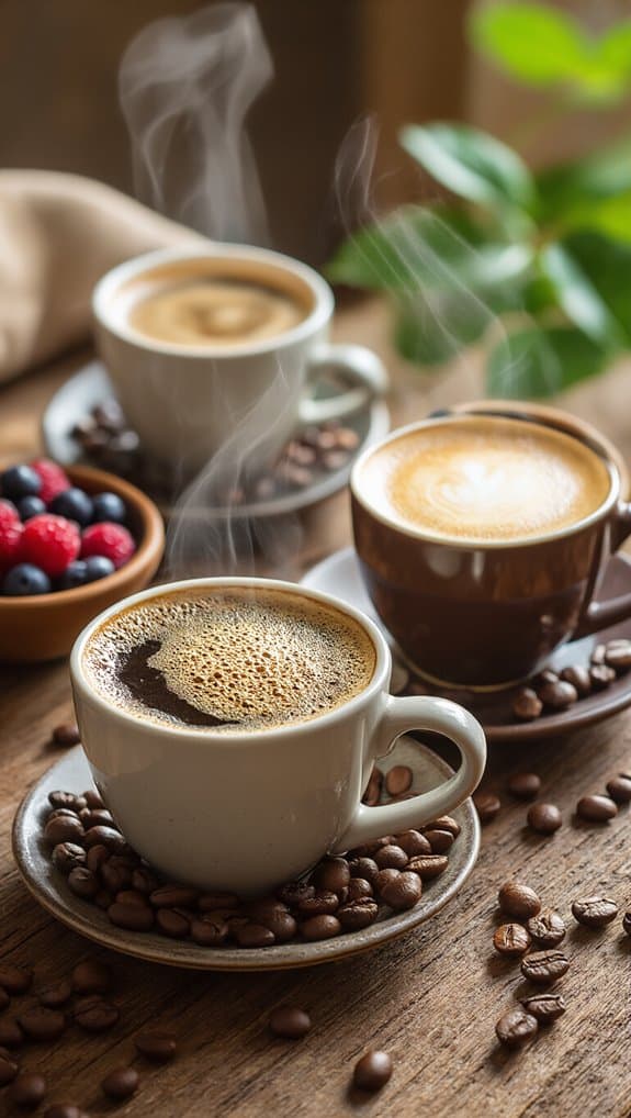 Warm coffee cups surrounded by coffee beans and berries on a wooden table, promoting healthy habits and energizing mornings.