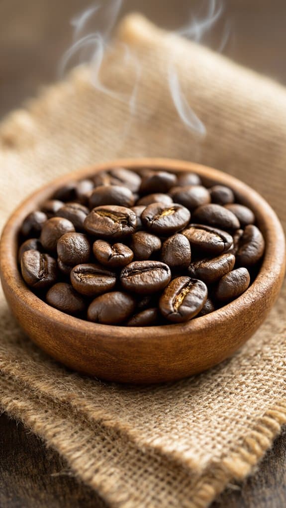 Rich coffee beans in a wooden bowl, emitting steam on a textured cloth background.