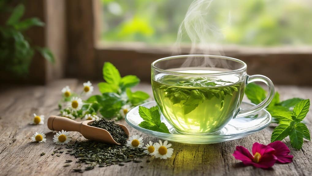 Steaming herbal green tea in a glass cup with fresh herbs and flowers, on a rustic wooden surface for a healthy lifestyle.