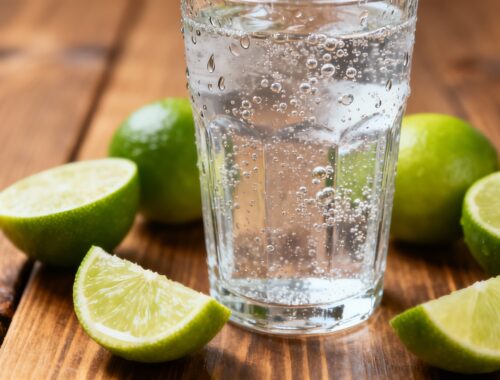 Refreshing glass of sparkling water with lemon-lime wedges on wooden surface, promoting hydration and healthy lifestyle practices.
