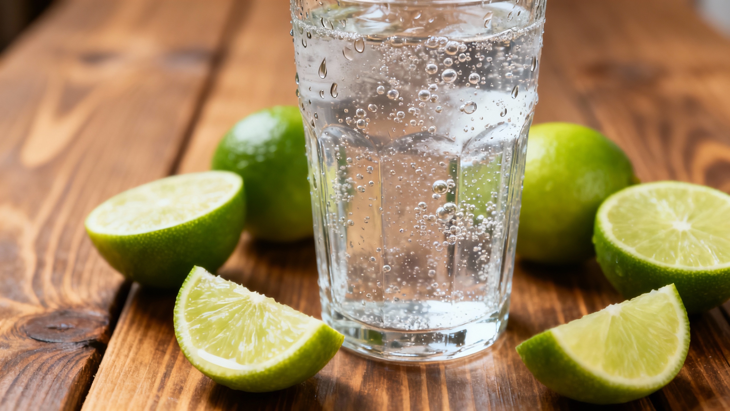 Refreshing glass of sparkling water with lemon-lime wedges on wooden surface, promoting hydration and healthy lifestyle practices.