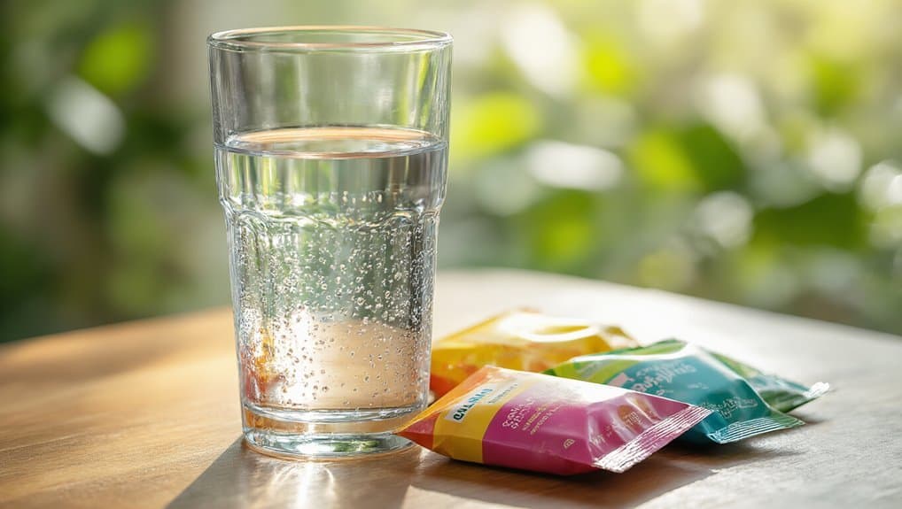 Refreshing glass of water with bubbles, placed on a wooden surface alongside colorful protein or snack packets, with a blurred green outdoor background.