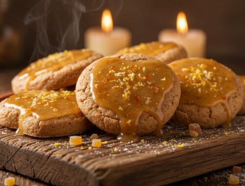 Delicious cookies topped with lemon glaze are displayed on a wooden board, creating a warm, cozy ambiance perfect for enjoying sweet treats.