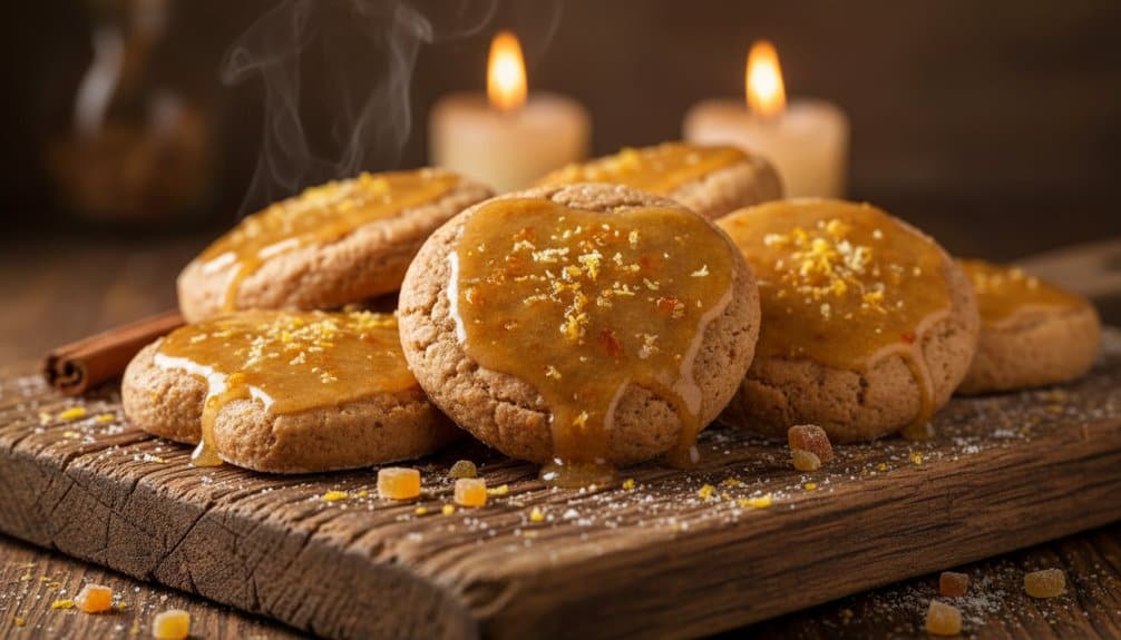 Delicious cookies topped with lemon glaze are displayed on a wooden board, creating a warm, cozy ambiance perfect for enjoying sweet treats.