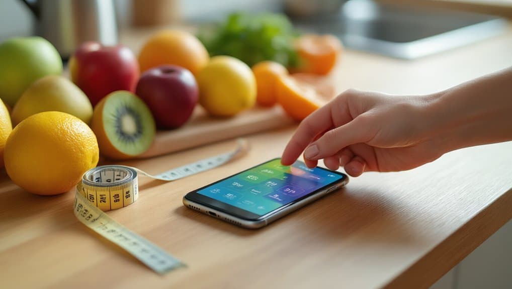 Image of a person using a health and fitness app on a smartphone, surrounded by fresh fruits like apples, kiwis, and oranges, with a measuring tape on a wooden kitchen counter.