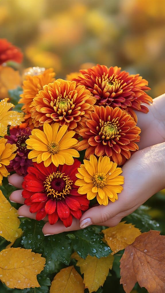 Bright autumn chrysanthemums and a hand holding a colorful bouquet in a fall garden scene.