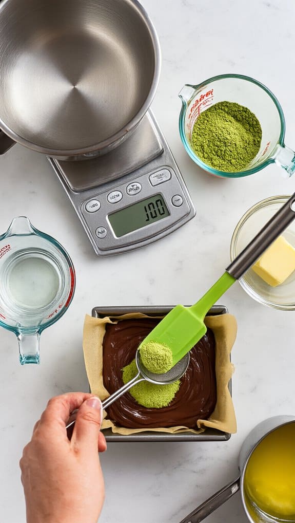 Organic matcha powder being measured and added to a baking dish with melted chocolate, on a white kitchen countertop, with a food scale and baking ingredients in the background.