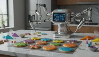 AI-powered robotic arm neatly decorates colorful cookies with precision, demonstrating innovative automation in baking and food customization.