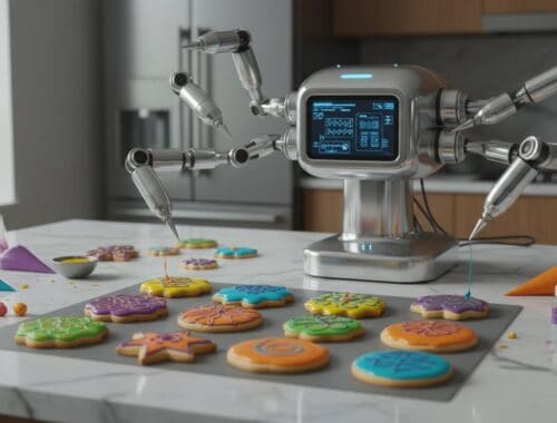 AI-powered robotic arm neatly decorates colorful cookies with precision, demonstrating innovative automation in baking and food customization.