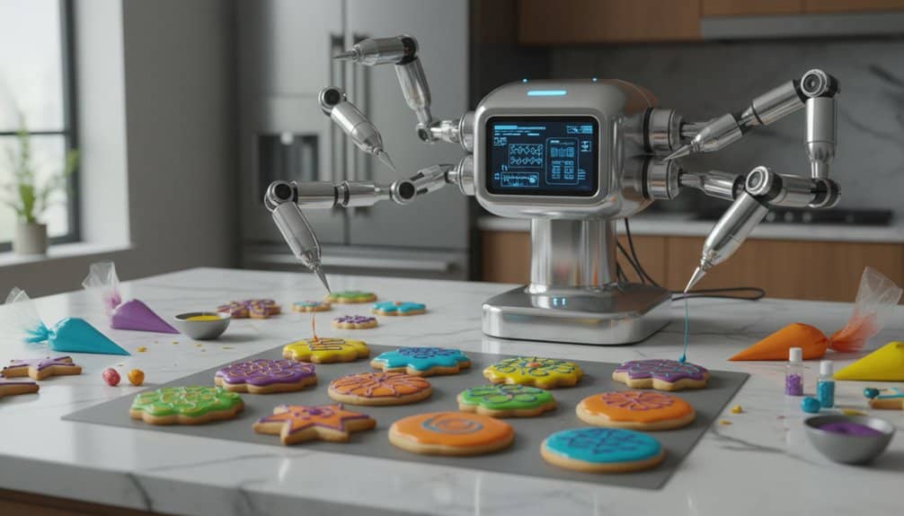 AI-powered robotic arm neatly decorates colorful cookies with precision, demonstrating innovative automation in baking and food customization.