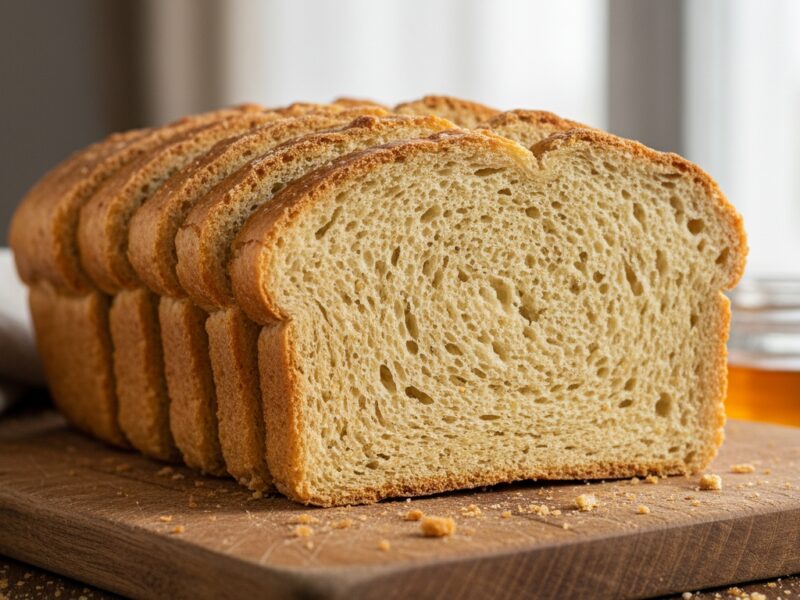 Freshly sliced whole wheat bread on a wooden cutting board, showcasing its soft texture and hearty crust, ideal for healthy meals and snacks.