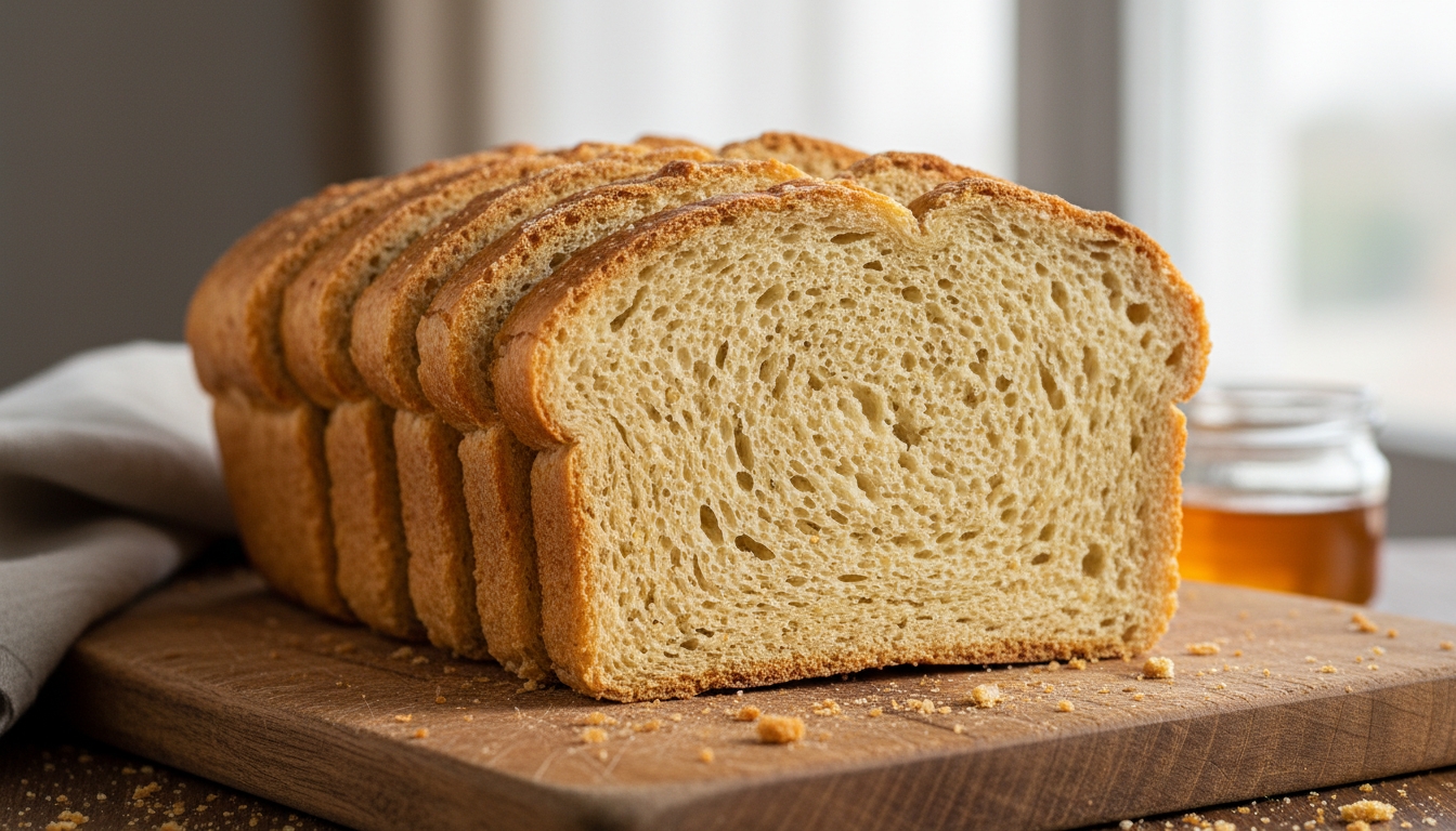 Freshly sliced whole wheat bread on a wooden cutting board, showcasing its soft texture and hearty crust, ideal for healthy meals and snacks.