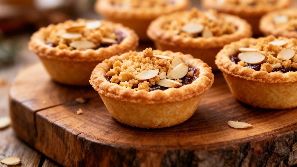 Delicious mini almond tartlets topped with sliced almonds and a crumbly crust, perfect for dessert or special occasions.