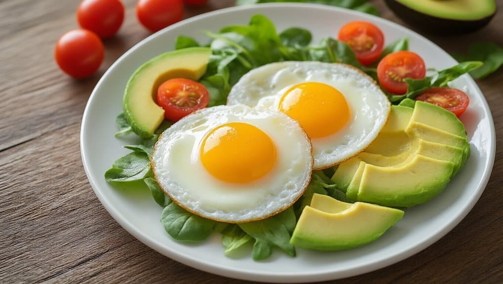 Freshly prepared eggs sunny side up with sliced avocado, cherry tomatoes, and leafy greens on a white plate. Perfect for a nutritious breakfast or light meal.