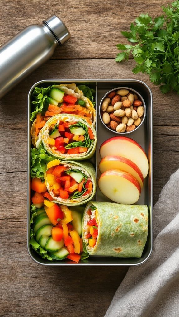 Fresh veggie wrap cut in half with assorted healthy snacks, nuts, apple slices, and cucumber in a lunchbox on wooden surface with water bottle and cilantro nearby.
