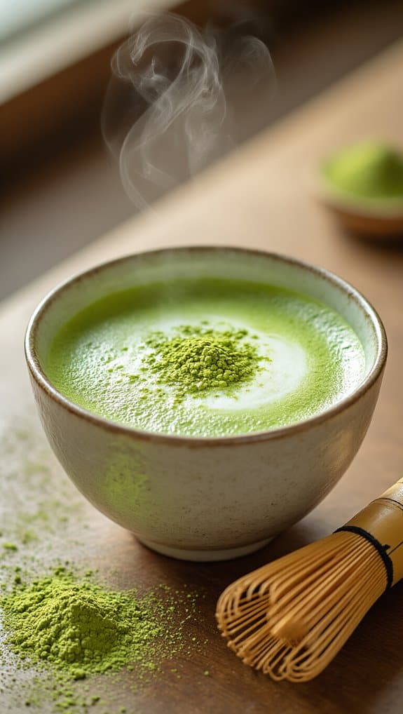 Matcha green tea in a ceramic bowl with a bamboo whisk, steam rising, and loose matcha powder spilled on wooden surface, emphasizing health benefits and natural energy boost.