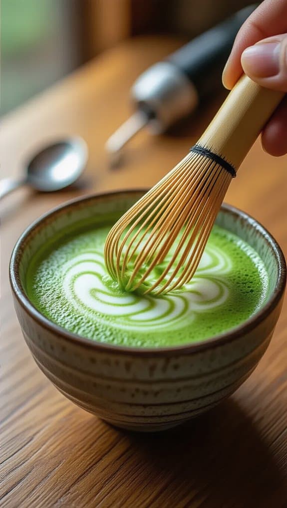 Whisking matcha tea in a ceramic bowl with a bamboo chasen for a traditional green tea experience. The vibrant green matcha creates beautiful swirling patterns in the bowl.