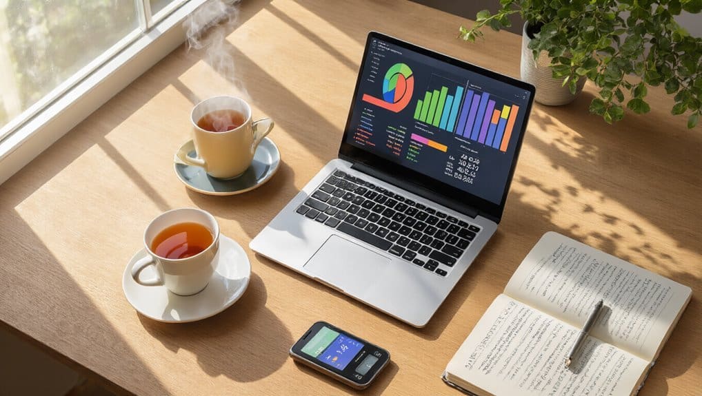 Optimized image filename: workspace-with-laptop-and-tea-for-health-and-fitness.jpg.