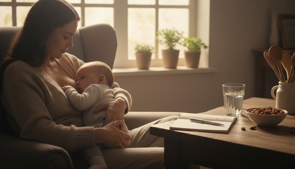 Comforting mother breastfeeding her infant in cozy home environment with warm natural light and simple furnishings.