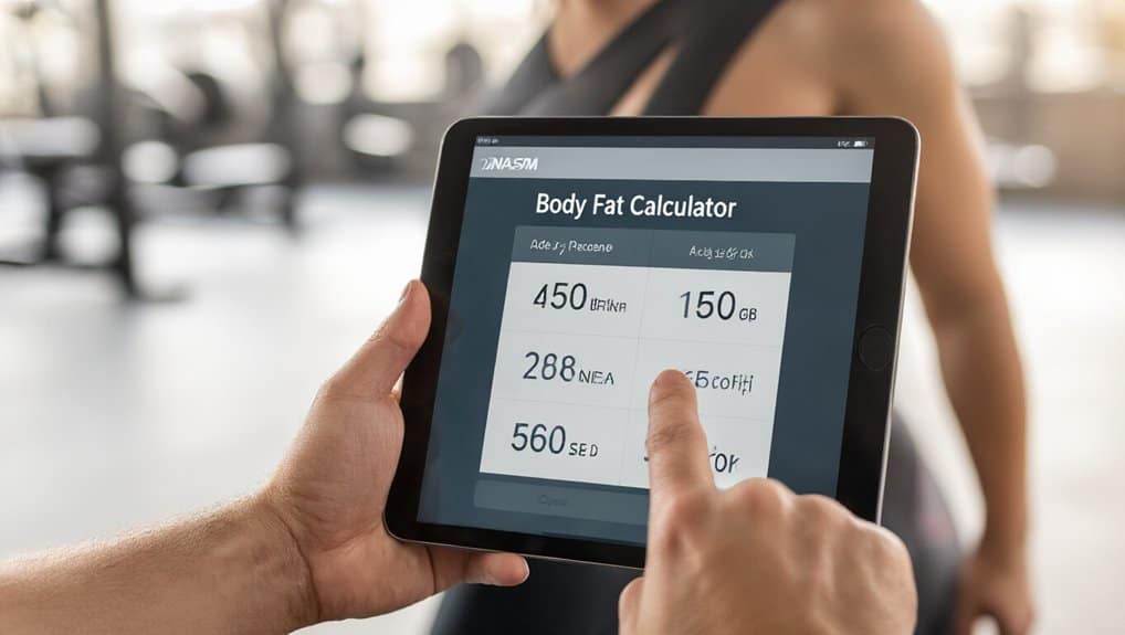 NASMs Body Fat Calculator 2 Digital body fat calculator on tablet for fitness tracking, showing body composition measurements like weight, BMI, and body fat percentage in health and gym settings.
