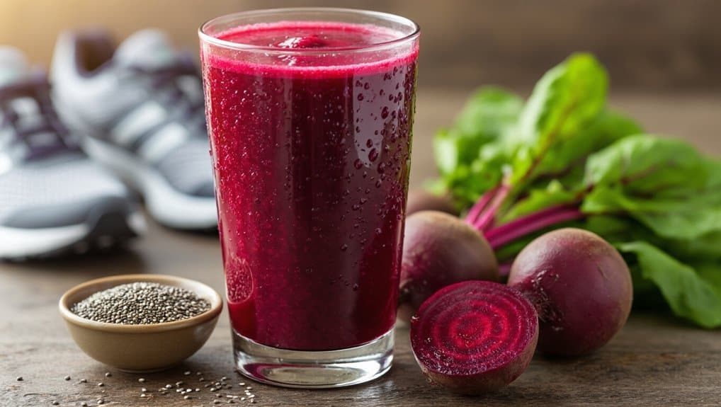 Fresh beetroot juice in a tall glass with whole beets and beet greens on a wooden surface, highlighting healthy, nutrient-rich beverages for improved health and fitness.