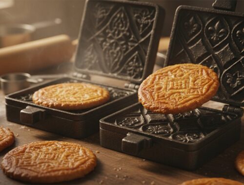 Delicious waffles being cooked in patterned waffle irons, ready to serve as a tasty breakfast or snack, highlighting a home-cooked, health-conscious approach to fitness and nutrition.