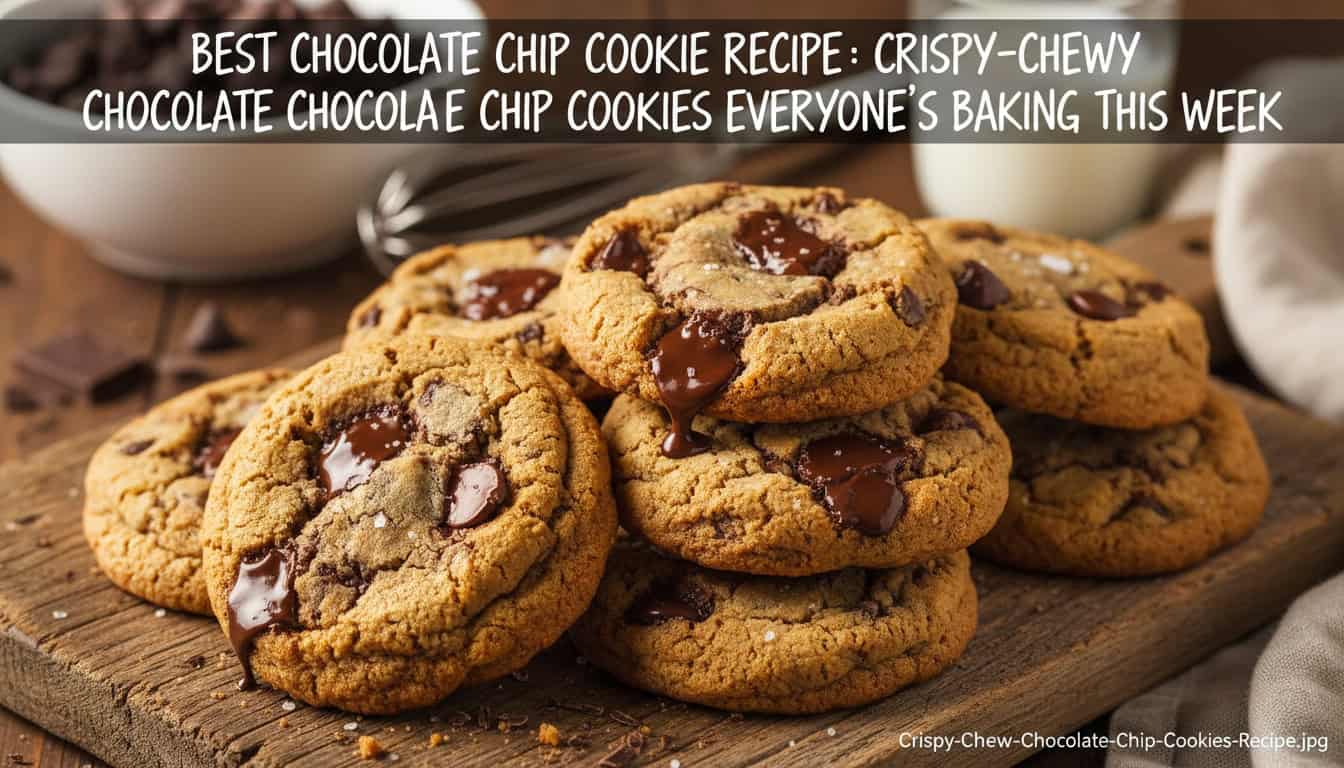 Delicious homemade chocolate chip cookies with a perfect crispy-chewy texture, loaded with melty chocolate chunks. Ideal for baking enthusiasts and cookie lovers alike.
