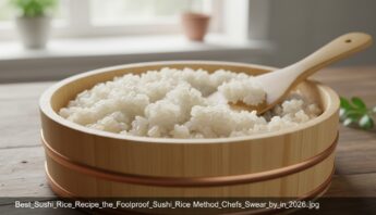Healthy sushi rice ready for preparation or serving, showcasing fluffy, well-cooked grains in a traditional wooden bowl.